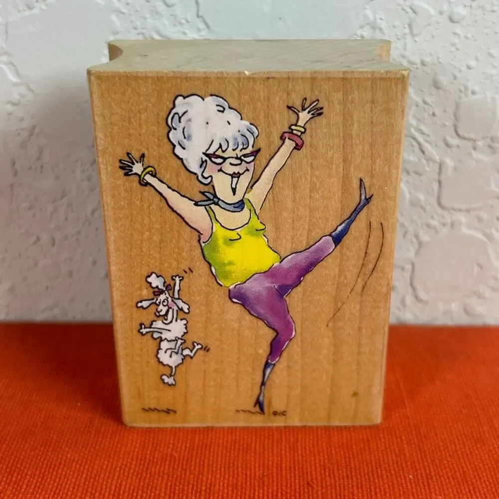 Vtg American Art Janet Cleland Wood Mounted Rubber Stamp-Lets Party preowned